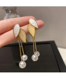 Vintage Leaf Pearl Drop Stud Earrings