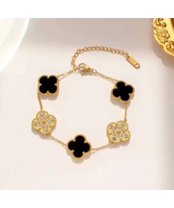 Black Four Leaf Clover Flower Bracelet with Stones