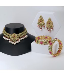 Multi-Stone Choker Set with Matching Earrings & Bangles