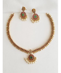 Antique Gold-Plated Necklace Set with Red-Green Stones