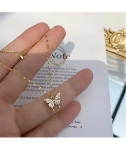 Double Layers Zircon Butterfly Pendant Necklace